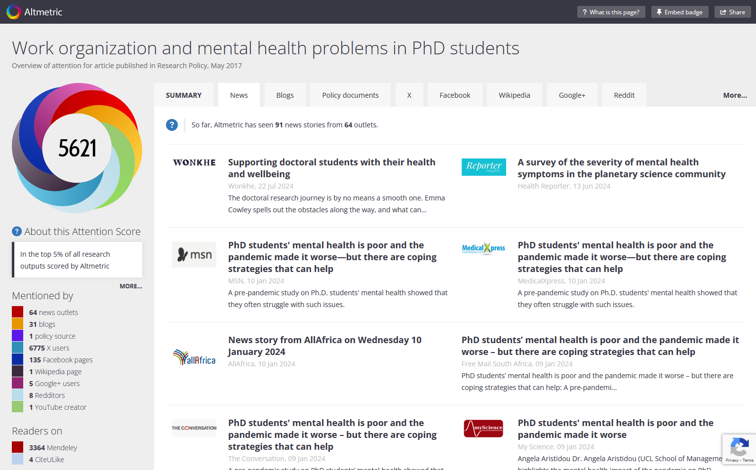 screenshot of Altmetric News tab, which displays the headline, date, publication, and excerpt from news stories about the product