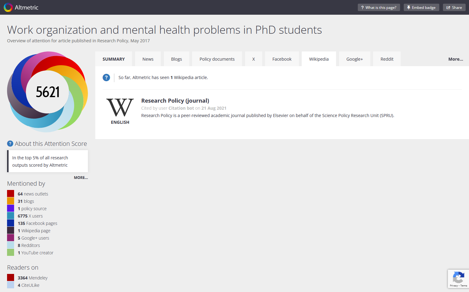 screenshot of the Altmetric Wikipedia tab, which displays the Wikipedia article title and excerpt that cite the product