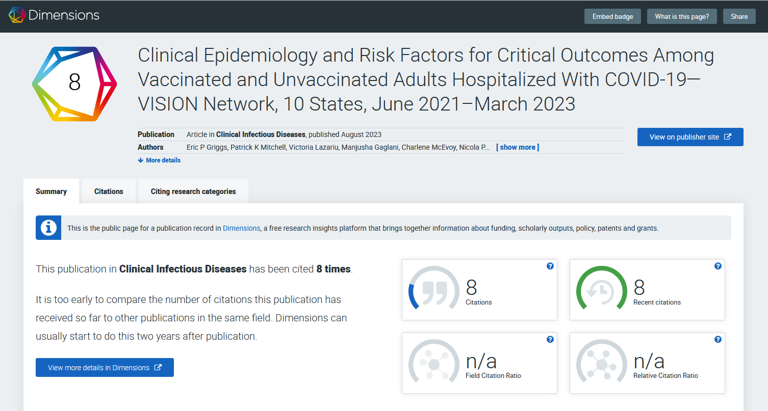 screenshot of the Dimensions Badge Summary tab which displays information about the total citations and Field Citation Ratio and Relative Citation Ratio when they are available