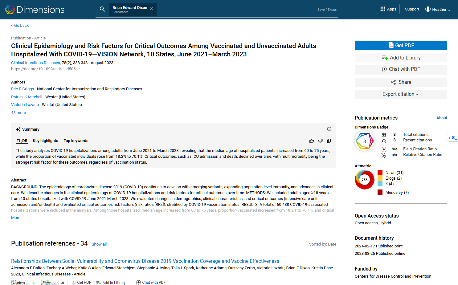 screenshot of Dimensions page for the product with the Publication Metrics on the right side, including Dimensions Badge and Altmetric Badge when available