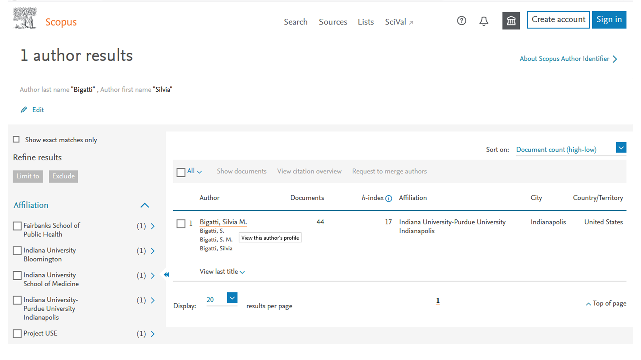 screenshot of the results for an author search in the Scopus database